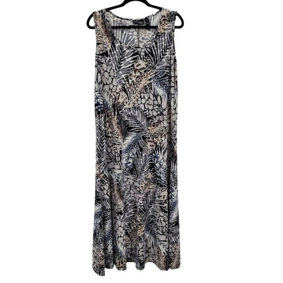 Womens Attitudes by Renee Dress Sleeveless Tank Maxi Palm Print Gray Tan Sz XLP - Picture 1 of 4